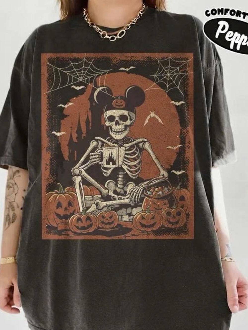 Black Halloween Skeleton Pumpkin Graphic Tee